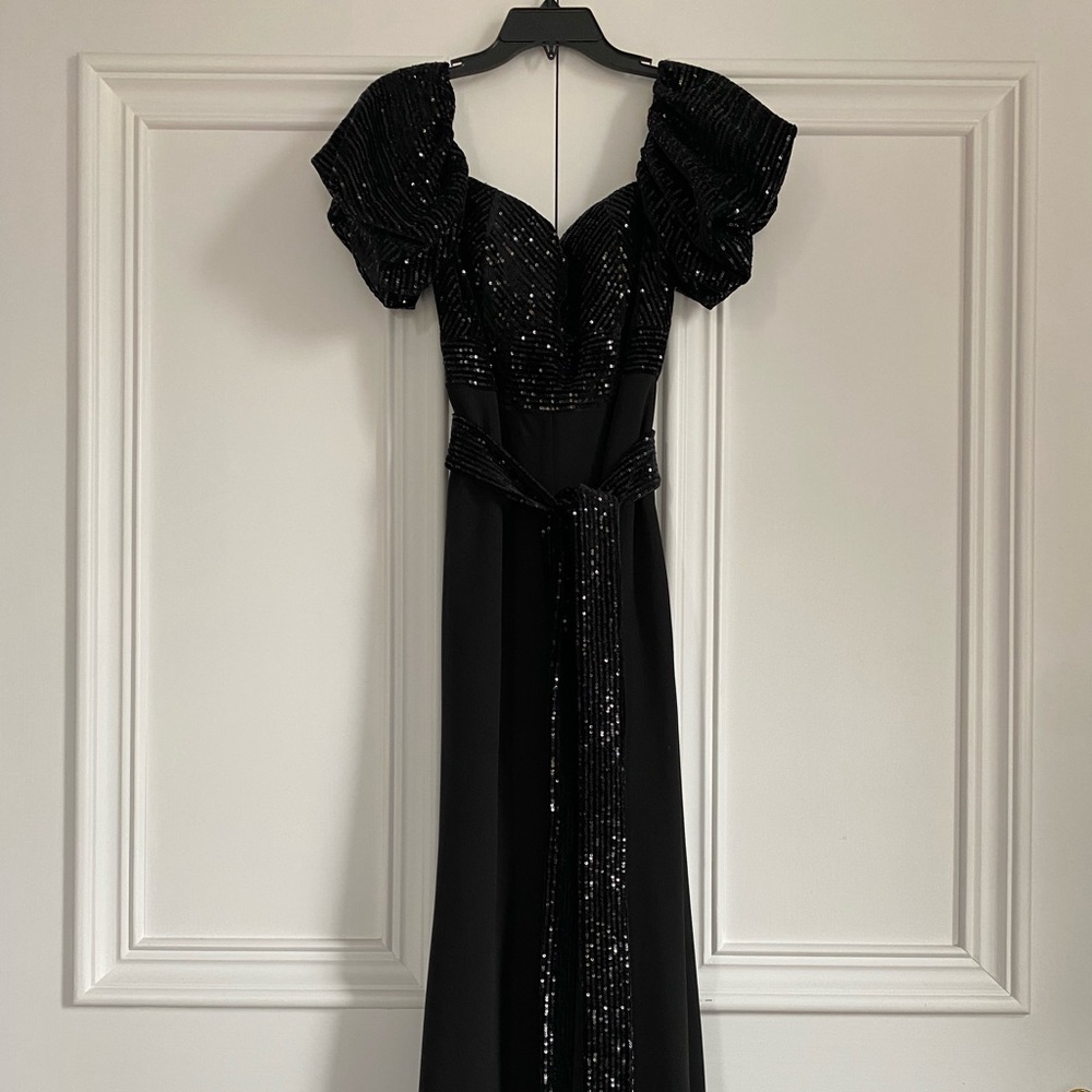 Badgley Mischka | Elegant Black Sequin Evening Jumpsuit, Belted Waist, Size 8